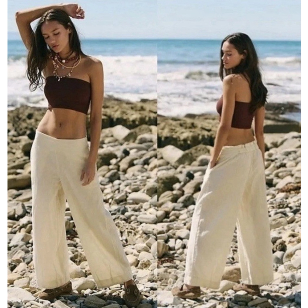 Free People Wide-Leg Cropped Pants Linen Cotton Blend Boho XL Cream Vacay Casual